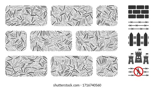 Line collage brick wall icon composed of thin elements in various sizes and color hues. Vector line items are grouped into abstract collage brick wall icon. Bonus icons are added.
