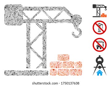 Line collage building crane icon organized from narrow items in different sizes and color hues. Line items are organized into abstract vector illustration building crane icon. Bonus icons are added.
