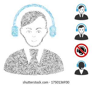 Line collage call center operator icon organized from thin elements in random sizes and color hues. Line parts are arranged into abstract vector collage call center operator icon.