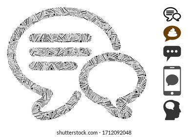 Line collage chat icon designed from thin items in different sizes and color hues. Vector line items are combined into abstract collage chat icon. Bonus pictograms are added.