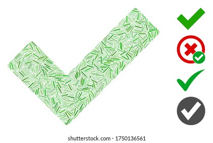 Line collage check tick icon designed from narrow items in different sizes and color hues. Line items are arranged into abstract vector illustration check tick icon. Bonus icons are added.