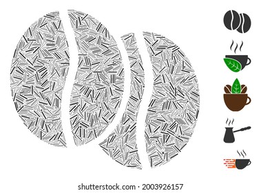 Line collage coffee beans icon united from narrow elements in various sizes and color hues. Vector line elements are arranged into abstract composition coffee beans icon. Bonus icons are added.