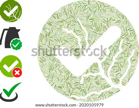 Line collage corrupted trust icon united from narrow elements in various sizes and color hues. Line elements are united into abstract vector collage corrupted trust icon. Bonus pictograms are placed.