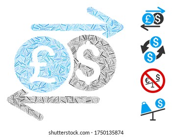 Line collage currency exchange icon organized from thin elements in different sizes and color hues. Line items are grouped into abstract vector collage currency exchange icon. Bonus icons are placed.