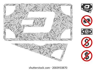 Line collage Dash banknotes icon composed of straight items in various sizes and color hues. Vector line elements are arranged into abstract collage Dash banknotes icon. Bonus icons are placed.