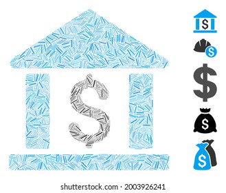 Line collage dollar bank icon organized from thin items in different sizes and color hues. Vector line items are composed into abstract illustration dollar bank icon. Bonus pictograms are added.
