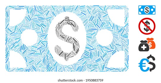 Line collage dollar banknote icon organized from thin items in different sizes and color hues. Linear items are composed into abstract vector mosaic dollar banknote icon. Bonus pictograms are added.