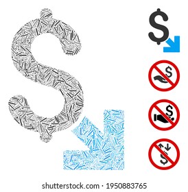 Line collage dollar decrease icon organized from thin items in random sizes and color hues. Line items are composed into abstract vector illustration dollar decrease icon. Bonus icons are added.