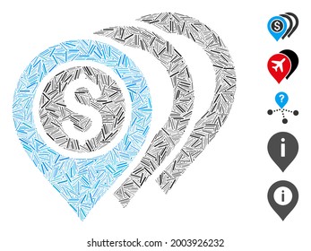 Line Collage Dollar Marker Symbol aus schmalen Elementen in zufälligen Größen und Farbtönen. Vektorlinienelemente sind in abstrakte Collage Dollar Markers Icon vereint. Bonuspiktogramme werden hinzugefügt.