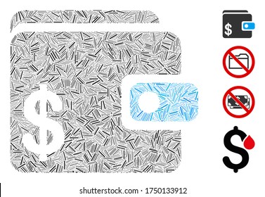 Line Collage Dollar Geldbeutel Symbol aus schmalen Artikeln in zufälligen Größen und Farbtönen. Die Linien sind in abstrakte Vektorgrafik-Collage-Dollar-Portemonnaie-Icon zusammengesetzt. Bonuspiktogramme werden platziert.
