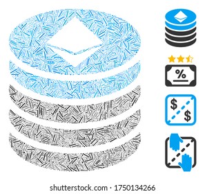 Line collage Ethereum coin stack icon constructed from narrow elements in variable sizes and color hues. Line elements are composed into abstract vector illustration Ethereum coin stack icon.