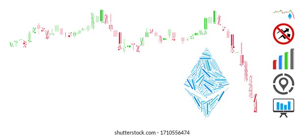 Line collage Ethereum falling chart icon united from narrow elements in variable sizes and color hues. Vector linear items are united into abstract collage Ethereum falling chart icon.