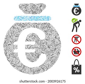 Line collage Euro fund icon united from narrow items in random sizes and color hues. Vector linear items are arranged into abstract collage Euro fund icon. Bonus pictograms are added.
