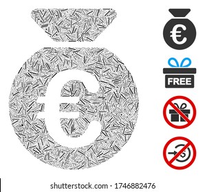 Line collage Euro money bag icon organized from straight elements in various sizes and color hues. Line elements are united into abstract vector composition Euro money bag icon.