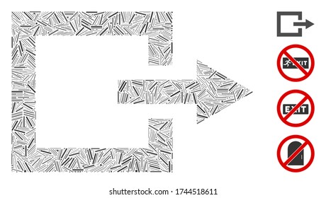 Line collage exit icon constructed from thin items in different sizes and color hues. Line items are organized into abstract vector collage exit icon. Bonus pictograms are added.