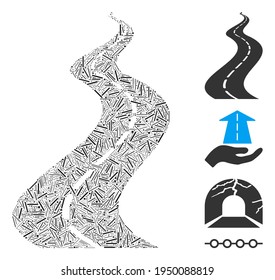 Line collage far way road icon designed from thin elements in different sizes and color hues. Line items are organized into abstract vector collage far way road icon. Bonus icons are placed.