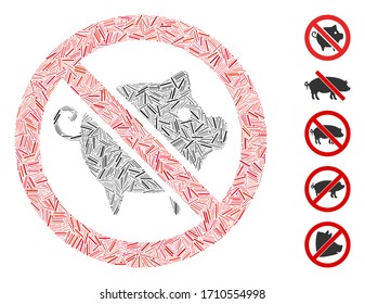 Line collage forbidden pig icon constructed from straight items in different sizes and color hues. Vector line items are arranged into abstract collage forbidden pig icon. Bonus pictograms are added.