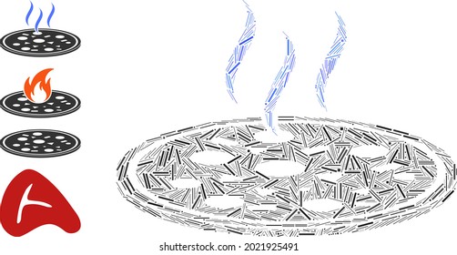 Icono de pizza fresca de collage de líneas unida de elementos estrechos en diferentes tamaños y colores. Los elementos de línea se componen en un icono de pizza fresca de collage vectorial abstracto. Se agregan iconos de bonificación.