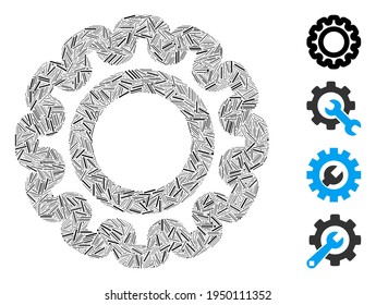 Icono de engranaje de collage de línea construido a partir de elementos finos en tamaños variables y tonos de color. Los elementos de línea se organizan en el icono de engranaje de ilustración vectorial abstracta. Se colocan pictogramas bonificados.