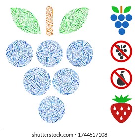 Line collage grapes icon designed from straight elements in random sizes and color hues. Linear elements are organized into abstract vector mosaic grapes icon. Bonus pictograms are placed.