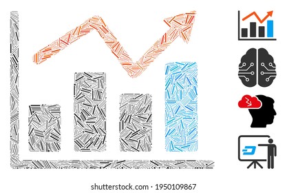 Line collage graphs icon organized from narrow items in various sizes and color hues. Lines items are organized into abstract vector collage graphs icon. Bonus pictograms are added.