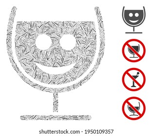 Line collage happy glass wine icon united from thin items in random sizes and color hues. Lines items are united into abstract vector composition happy glass wine icon. Bonus pictograms are placed.