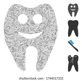 Line collage happy tooth icon constructed from thin items in random sizes and color hues. Line parts are arranged into abstract vector collage happy tooth icon. Bonus pictograms are placed.