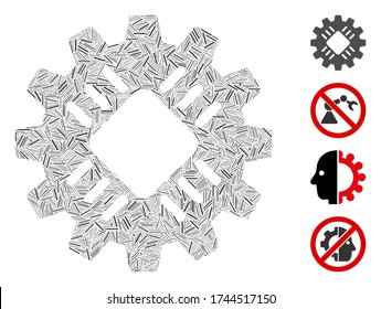 Icono de engranaje de hardware de collage de línea unido de elementos finos en tamaños aleatorios y tonos de color. Los elementos lineales se componen en un icono de engranaje de hardware de collage vectorial abstracto. Se agregan iconos de bonificación.