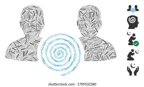 Line collage hypnosis sect icon united from thin items in different sizes and color hues. Vector line elements are arranged into abstract collage hypnosis sect icon. Bonus icons are added.