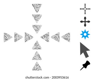 Line collage inside direction icon composed of straight elements in random sizes and color hues. Vector line elements are composed into abstract collage inside direction icon. Bonus icons are added.