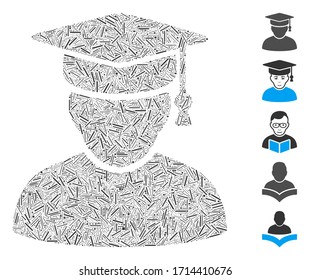 Line collage knowledge man icon united from thin elements in different sizes and color hues. Vector line elements are united into abstract illustration knowledge man icon. Bonus icons are placed.