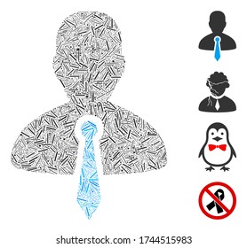 Line collage lawyer tie icon constructed from straight elements in different sizes and color hues. Line elements are composed into abstract vector collage lawyer tie icon. Bonus pictograms are placed.