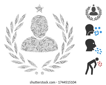Line collage man glory laurel emblem icon united from straight items in various sizes and color hues. Line elements are arranged into abstract vector collage man glory laurel emblem icon.