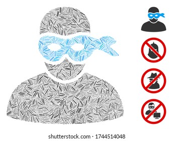 Line collage masked thief icon composed of narrow items in various sizes and color hues. Line parts are composed into abstract vector collage masked thief icon. Bonus icons are added.