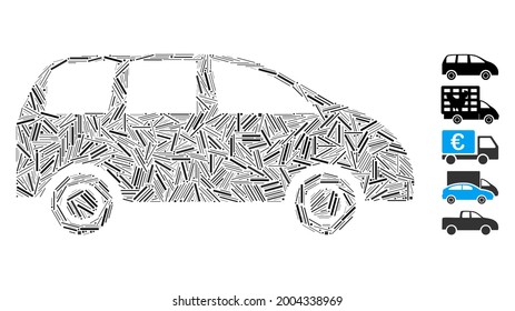 Line collage minivan icon united from straight items in random sizes and color hues. Vector line parts are arranged into abstract collage minivan icon. Bonus icons are placed.