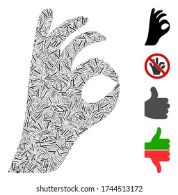 Line collage OK gesture icon organized from narrow elements in random sizes and color hues. Line items are grouped into abstract vector collage OK gesture icon. Bonus icons are placed.