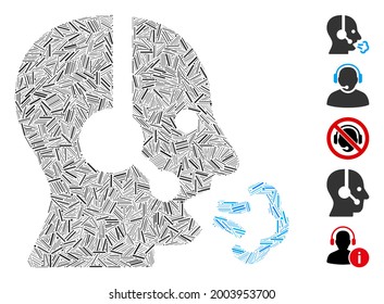 Line collage operator speech icon composed of narrow items in variable sizes and color hues. Vector line items are grouped into abstract collage operator speech icon. Bonus pictograms are placed.