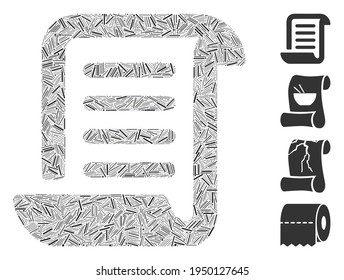 Icono de rollo de papel de intercalación de línea construido a partir de elementos estrechos en varios tamaños y tonos de color. Los elementos lineales se unen en el icono de rollo de papel de collage vectorial abstracto. Se añaden pictogramas bonificados.