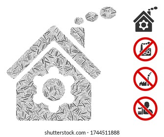Line collage plant building icon united from narrow elements in various sizes and color hues. Line items are composed into abstract vector collage plant building icon. Bonus pictograms are placed.