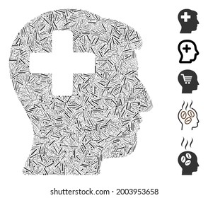 Line collage plus man head icon organized from straight elements in random sizes and color hues. Vector line parts are combined into abstract collage plus man head icon. Bonus icons are added.