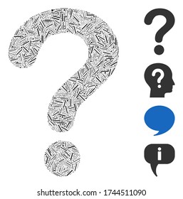 Icono de pregunta de intercalación de línea unido a partir de elementos estrechos en varios tamaños y tonos de color. Los elementos de línea se combinan en un icono de pregunta de composición de vector abstracto. Se añaden pictogramas bonificados.