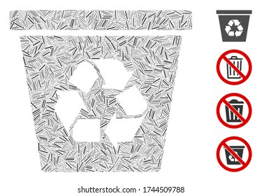 Icono de la papelera de reciclaje de collage de líneas organizado a partir de elementos estrechos de diferentes tamaños y colores. Los elementos de trama irregular se organizan en un icono abstracto de la papelera de reciclaje de collage vectorial.