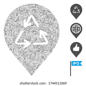 Icono de marcador de reciclaje de collage de línea organizado a partir de objetos finos en tamaños aleatorios y tonos de color. Los elementos de parche irregular se organizan en un icono abstracto del marcador de reciclado del mosaico vectorial.