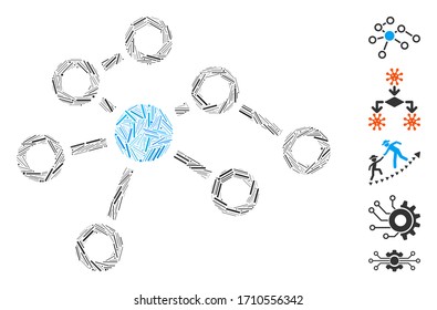 Line collage relations icon designed from narrow elements in variable sizes and color hues. Vector line elements are organized into abstract collage relations icon. Bonus pictograms are placed.