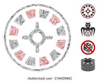 Line collage roulette icon organized from thin items in different sizes and color hues. Line items are united into abstract vector mosaic roulette icon. Bonus pictograms are added.