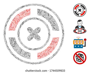 Icono de ruleta de collage de línea unida de elementos finos en tamaños aleatorios y tonos de color. Los elementos de líneas se combinan en un icono de ruleta de intercalación de vectores abstracto. Se colocan pictogramas bonificados.