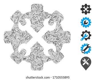 Line collage service tools icon organized from straight items in variable sizes and color hues. Vector linear items are arranged into abstract collage service tools icon. Bonus pictograms are added.