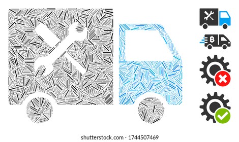 Line collage service van icon organized from narrow elements in various sizes and color hues. Line elements are organized into abstract vector collage service van icon. Bonus icons are added.