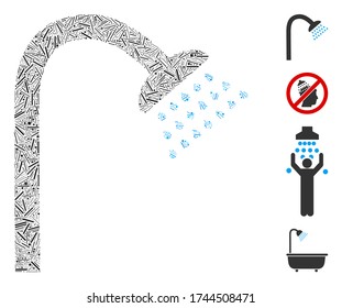 Line collage shower icon united from narrow elements in different sizes and color hues. Linear elements are united into abstract vector illustration shower icon. Bonus pictograms are placed.