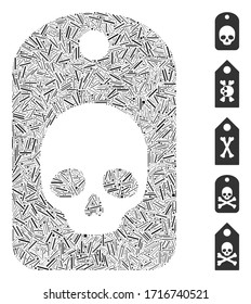 Line collage skull label icon organized from straight items in various sizes and color hues. Vector line items are arranged into abstract composition skull label icon. Bonus icons are placed.